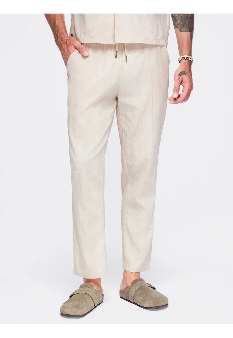 Pantaloni barbati cu croiala regular, talie elastica si buzunare laterale OM-PACP-0312, Crem