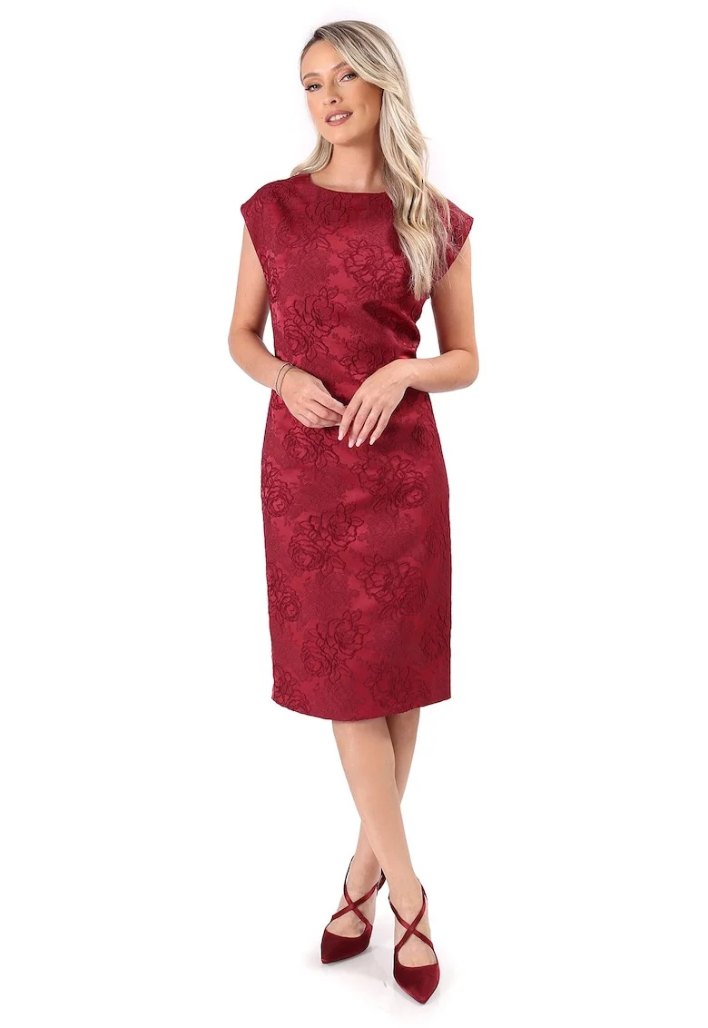 Rochie din brocart cu motive florale, Rosu cireasa