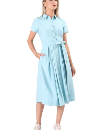 Rochie eleganta tip camasa din viscoza usor creponata R5C-TK, Albastru glaciar