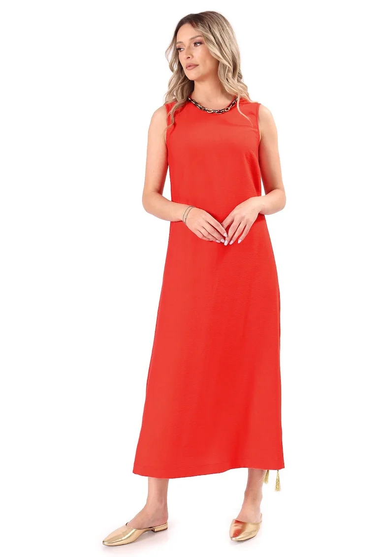 Rochie maxi cu decolteu rotund si slit lateral, Rosu
