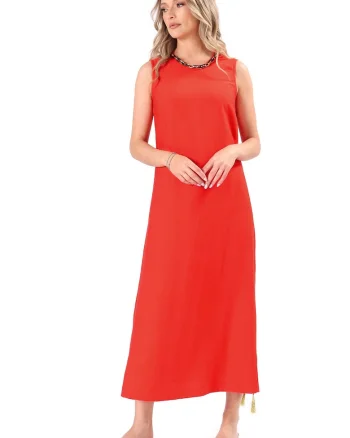 Rochie maxi cu decolteu rotund si slit lateral, Rosu