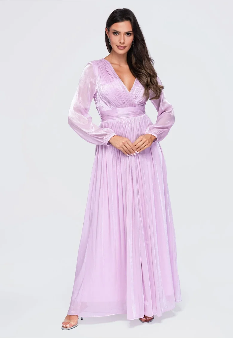 Rochie maxi cu decolteu in V, maneci lungi, croiala evazata, rochie eleganta de seara LA-OM-DLR418, Mov