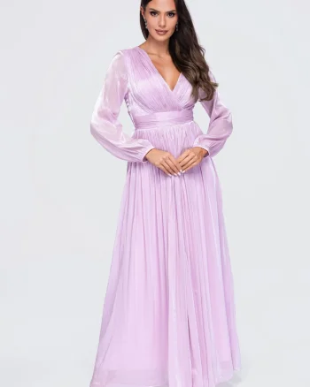 Rochie maxi cu decolteu in V, maneci lungi, croiala evazata, rochie eleganta de seara LA-OM-DLR418, Mov