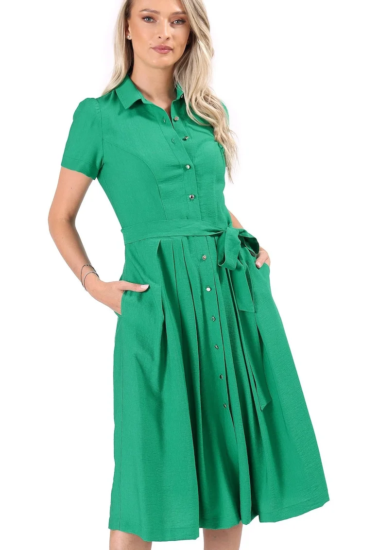Rochie eleganta tip camasa din viscoza usor creponata R5C-TK, Verde