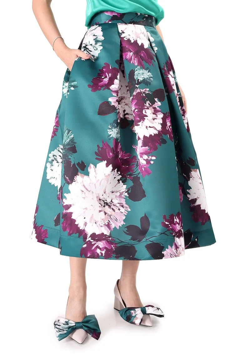 Fusta midi duchesse satinat imprimat cu flori supradimensionate, Verde