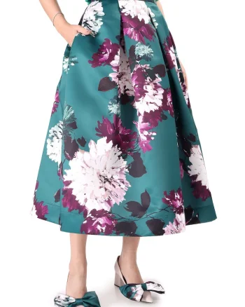 Fusta midi duchesse satinat imprimat cu flori supradimensionate, Verde