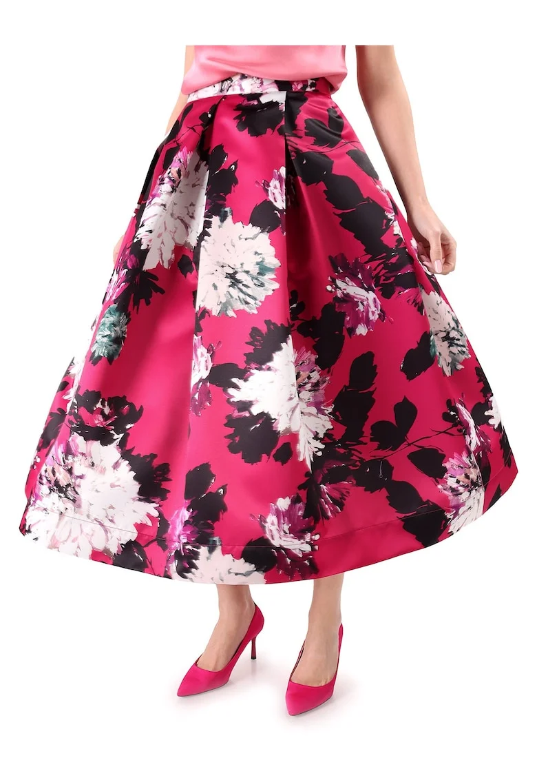 Fusta midi duchesse satinat imprimat cu flori supradimensionate, Fucsia