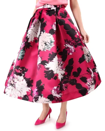 Fusta midi duchesse satinat imprimat cu flori supradimensionate, Fucsia