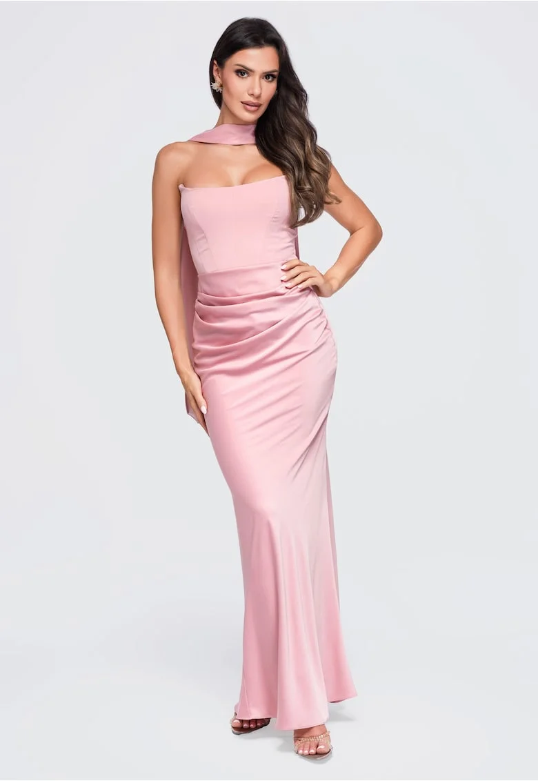 Rochie maxi eleganta cu guler tip corset si detalii modelatoare LA-OM-DLR415, Roz