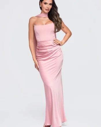 Rochie maxi eleganta cu guler tip corset si detalii modelatoare LA-OM-DLR415, Roz