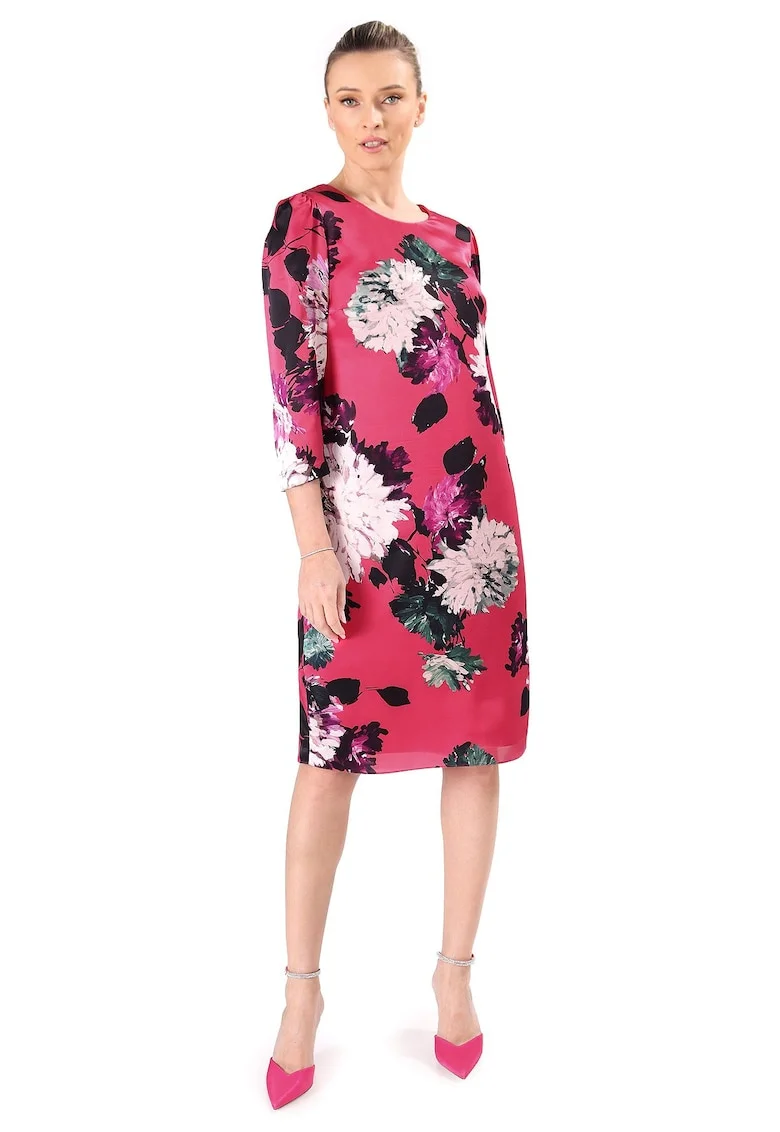 Rochie cu imprimeu floral si maneci 3/4, Fucsia