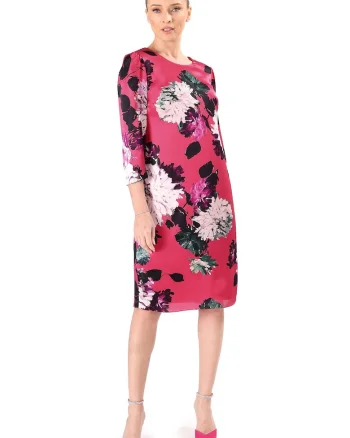 Rochie cu imprimeu floral si maneci 3/4, Fucsia