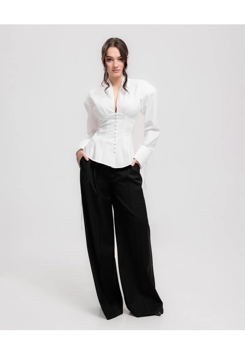 Camasa din bumbac  Umeri supradimensionati, Maneci lungi, Detaliu corset, Alb