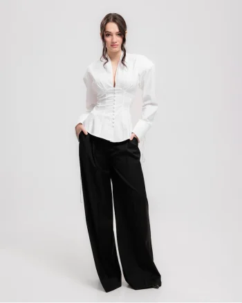 Camasa din bumbac  Umeri supradimensionati, Maneci lungi, Detaliu corset, Alb
