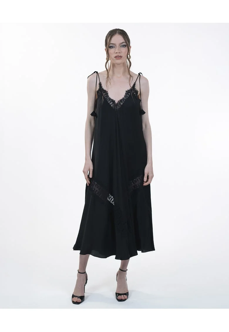 Rochie din vascoza satinata  Bretele si dantela, Negru