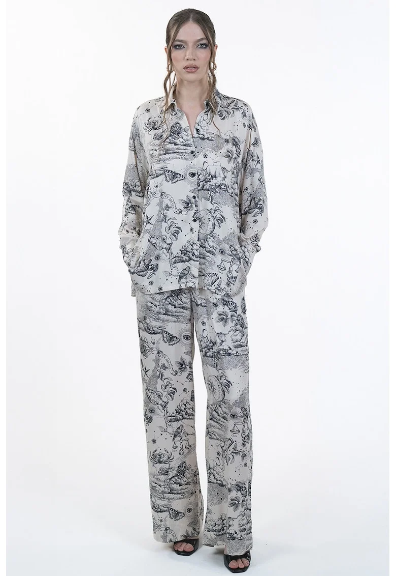 Pantaloni ampli cu buzunare laterale, Alb murdar/Bleumarin