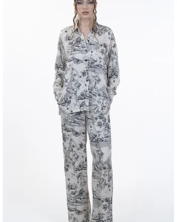 Pantaloni ampli cu buzunare laterale, Alb murdar/Bleumarin