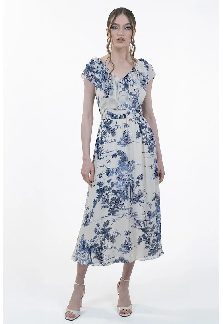 Rochie cu model floral si maneci scurte, Alb murdar/Bleumarin