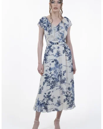 Rochie cu model floral si maneci scurte, Alb murdar/Bleumarin