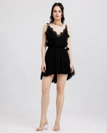 Rochie din matase  Scurta, Cu bretele si dantela, Negru
