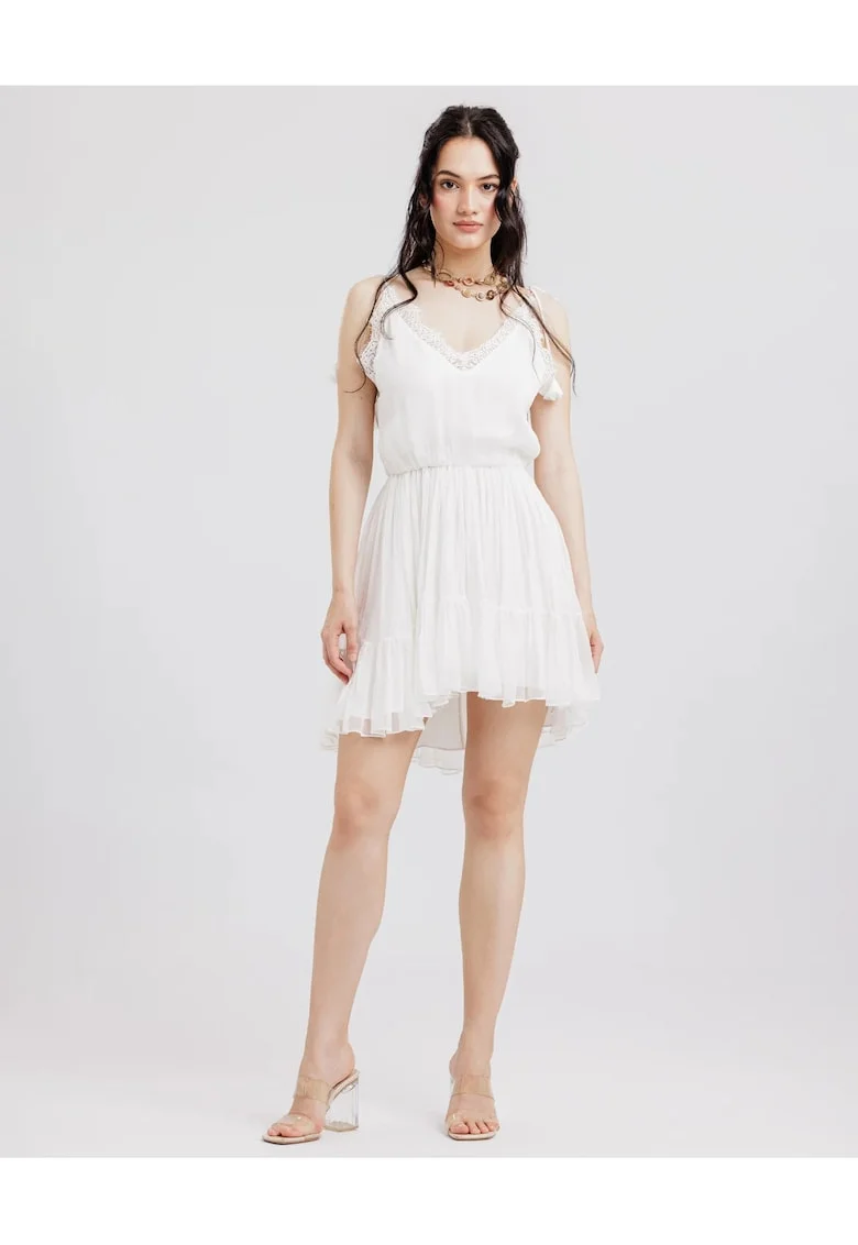 Rochie din matase  Scurta, Cu bretele si dantela, Alb