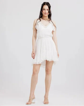 Rochie din matase  Scurta, Cu bretele si dantela, Alb
