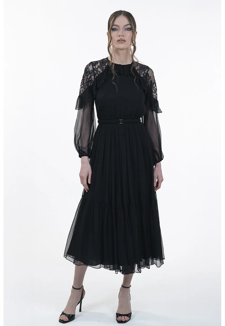 Rochie de matase cu garnituri de dantela pe umeri, Negru
