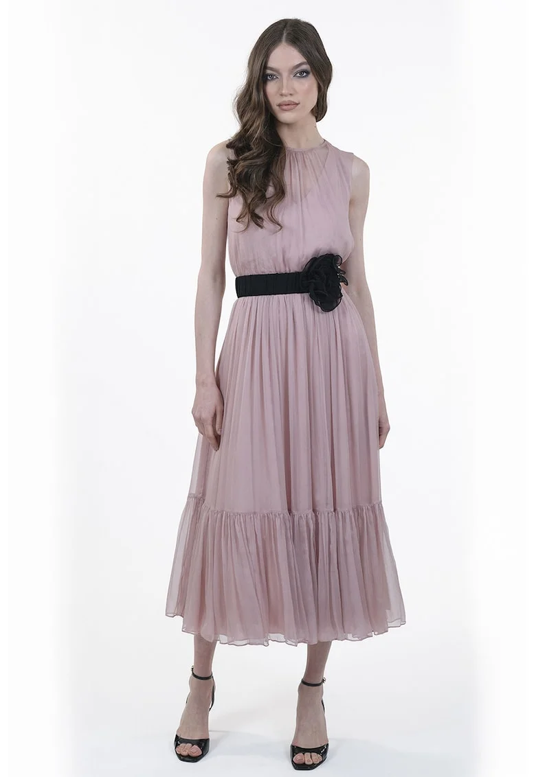 Rochie de matase fara maneci, cu pliuri, Negru/Liliac prafuit