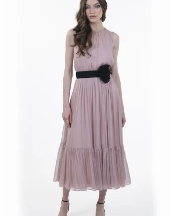 Rochie de matase fara maneci, cu pliuri, Negru/Liliac prafuit