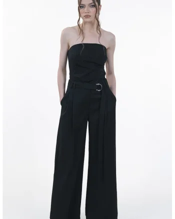 Pantaloni ampli cu talie inalta, Negru
