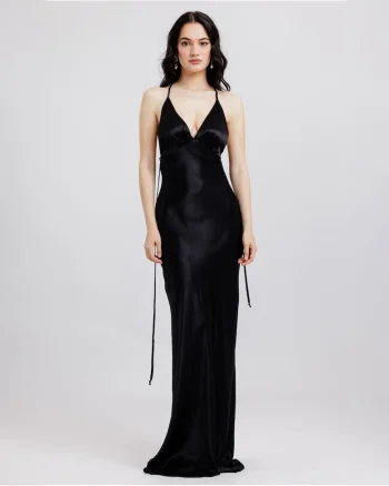 Rochie lunga din vascoza satinata cu decolteu drapat pe spate, Negru