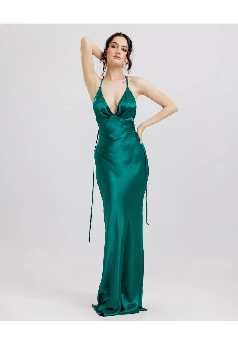 Rochie lunga din vascoza satinata cu decolteu drapat pe spate, Verde