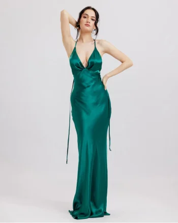 Rochie lunga din vascoza satinata cu decolteu drapat pe spate, Verde