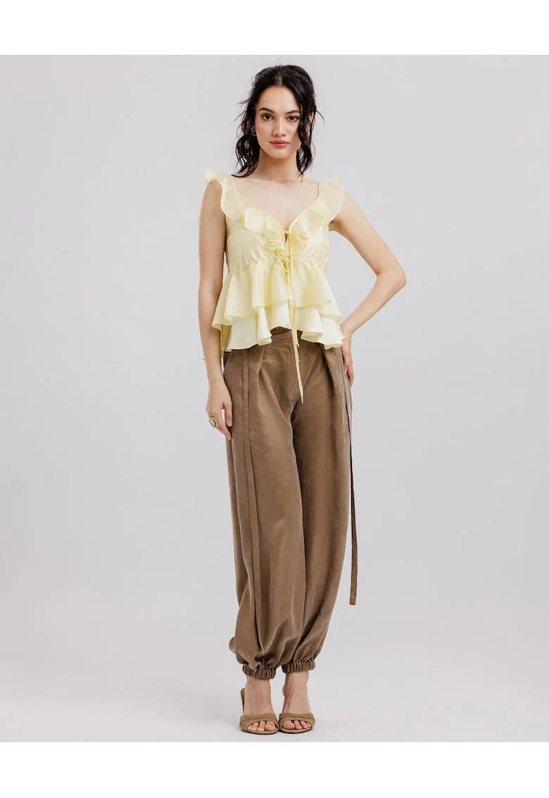 Pantaloni balon  Liocel, Cu buzunare, Cordoane detasabile, Kaki