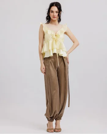 Pantaloni balon  Liocel, Cu buzunare, Cordoane detasabile, Kaki