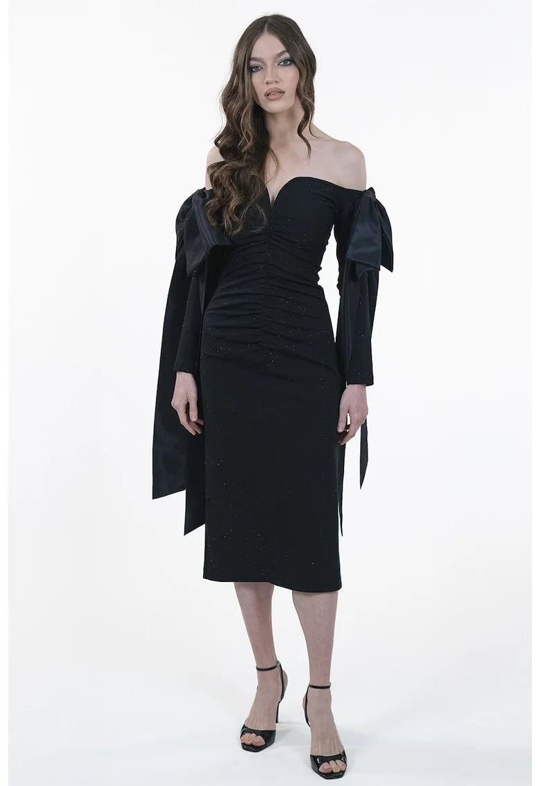 Rochie midi cu decolteu pe umeri, Negru