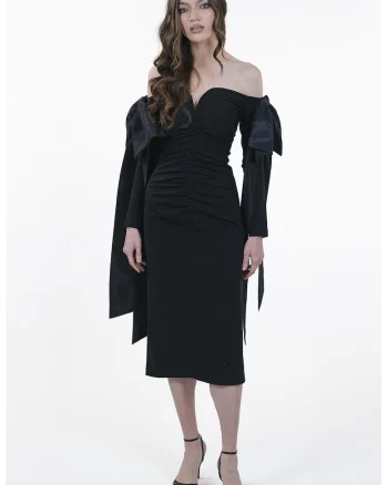 Rochie midi cu decolteu pe umeri, Negru