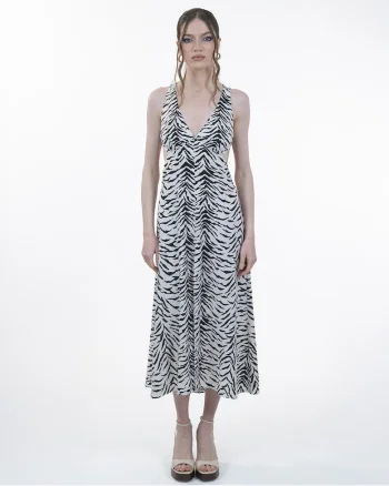 Rochie din vascoza cu in  Midi, Fara maneci, Spate gol, Snururi ajustabile, Alb