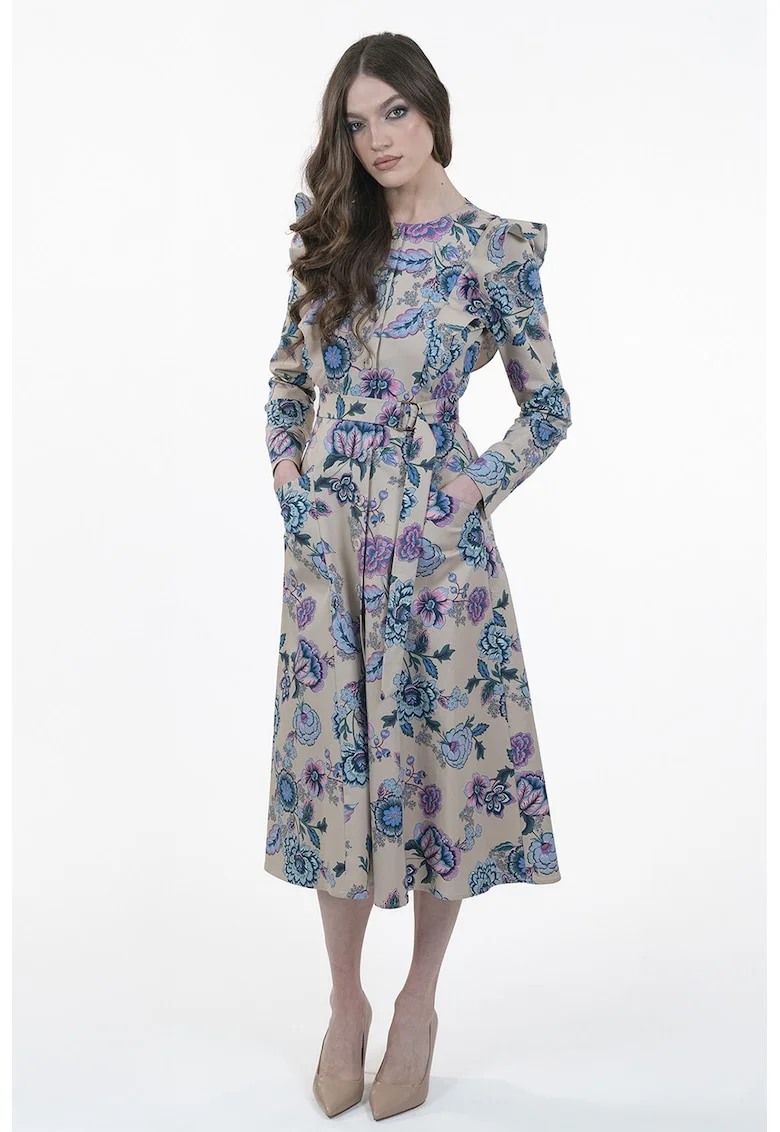 Rochie cu buzunare laterale si imprimeu, Alb fildes/Lila/Albastru