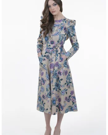 Rochie cu buzunare laterale si imprimeu, Alb fildes/Lila/Albastru