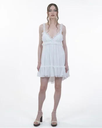 Rochie din matase  Scurta, Babydoll, Decolteu spate, Bretele, Alb