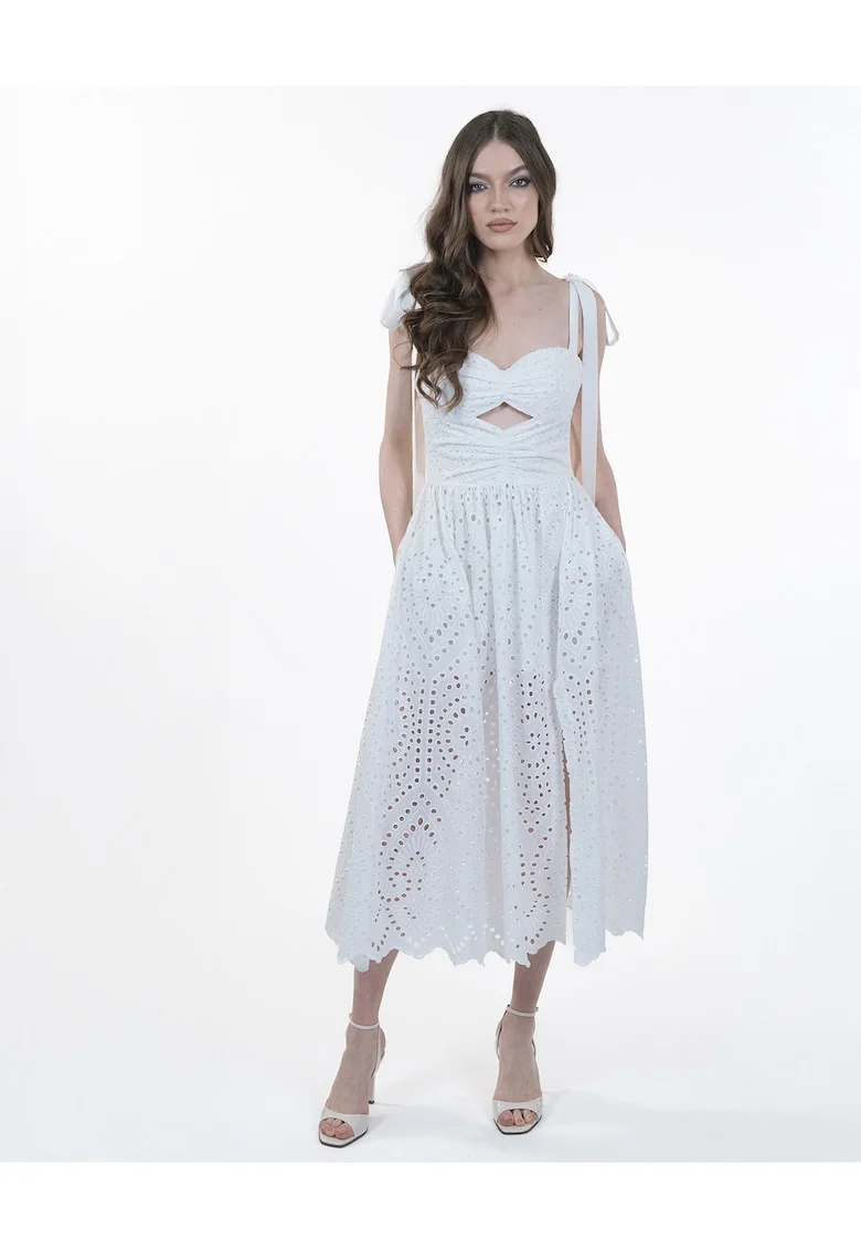Rochie din bumbac brodat  Midi, Cu bretele, Alb