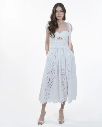 Rochie din bumbac brodat  Midi, Cu bretele, Alb
