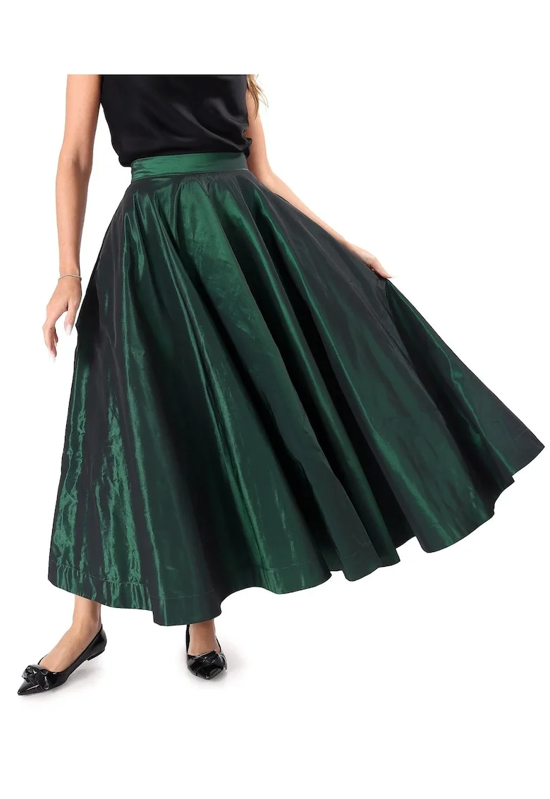 Fusta lunga clos din tafta cu elastic decorativ pe spate, Verde padure