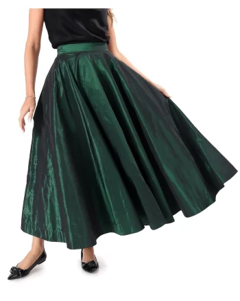 Fusta lunga clos din tafta cu elastic decorativ pe spate, Verde padure