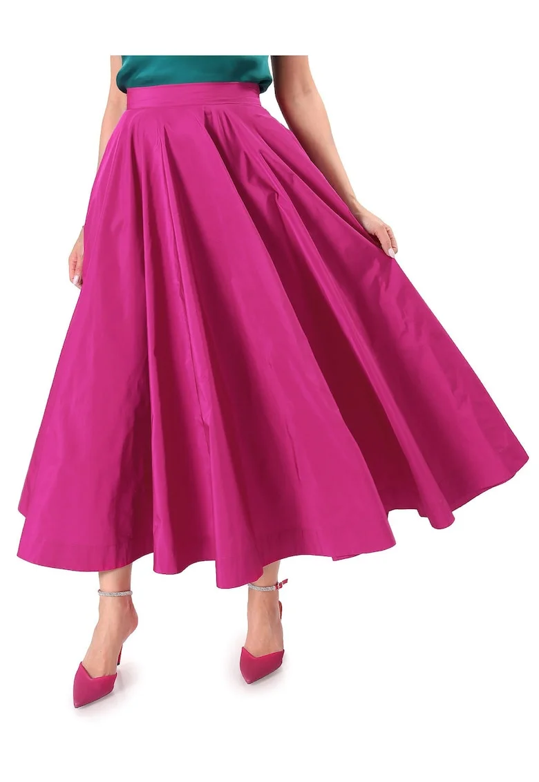 Fusta lunga clos din tafta cu elastic decorativ pe spate, Roz aprins