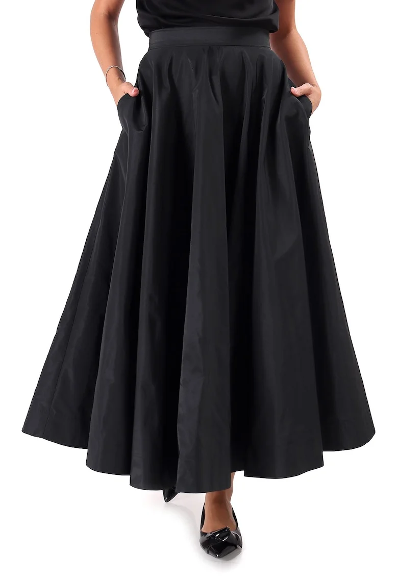 Fusta lunga clos din tafta cu elastic decorativ pe spate, Negru