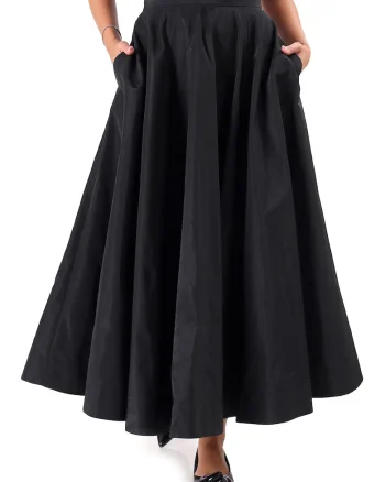 Fusta lunga clos din tafta cu elastic decorativ pe spate, Negru