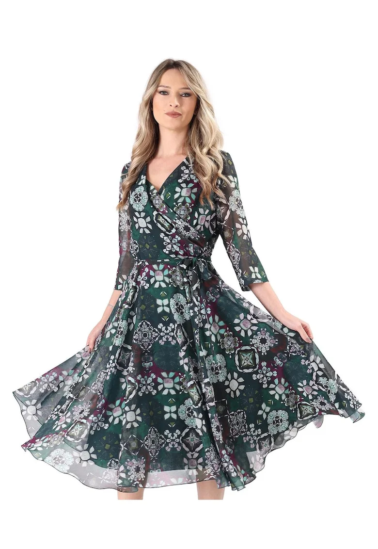 Rochie eleganta din voal imprimat cu motive florale RKX-P2, Verde padure
