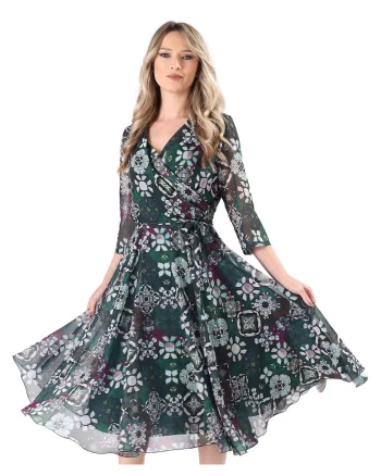 Rochie eleganta din voal imprimat cu motive florale RKX-P2, Verde padure